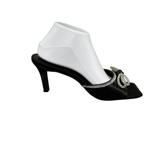 Black Satin Heels With Rhinestone Bow Embellishments & Open Square Toe Design - Picture 4 of 7